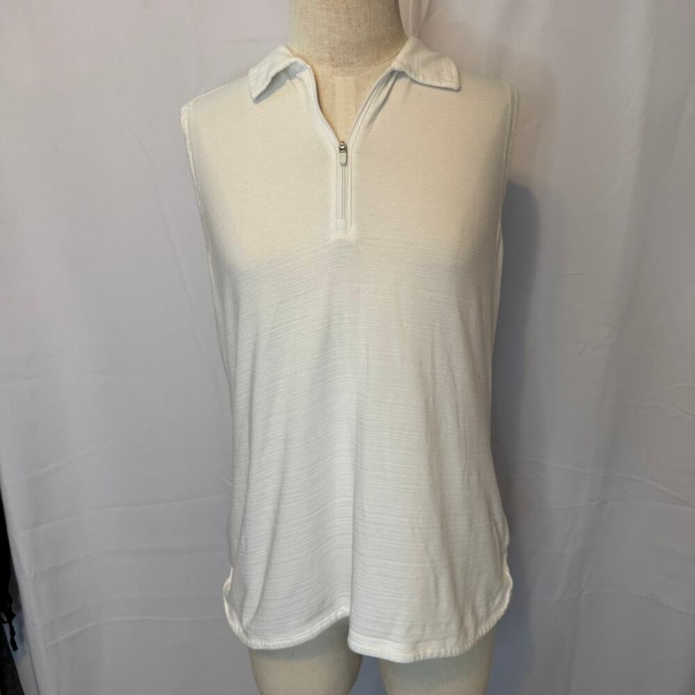 T by Talbots White Sleeveless Zip Polo Top Large Petite Stretch Cotton Blend